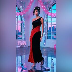 90’s Y2K Betsy & Adam By Jaslene Black Velvet & Red Glitter Asymmetrical Dress